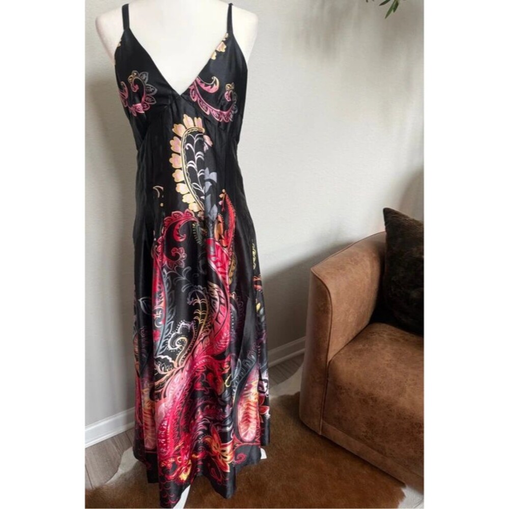 Aakaa Satin Paisley V-Neck Smocked Back Maxi Slip Dress Size Small